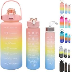 💧 3-in-1 Set – Includes three bottles or features in one set, giving variety and convenience for daily hydration. 🧠 Motivational Time Markings – Printed time or motivational quotes help you track water intake and stay encouraged throughout the day. 🎨 Vibrant Colour Options – Available in attractive colours to match your style or mood. 🔒 Leak-Proof & Durable – Secure caps and sturdy build make it travel-friendly and long-lasting. 🏃 Healthy Hydration Reminder – Encourages consistent water drinking for fitness, work, or school routines.