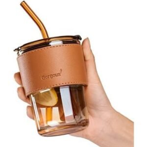 400ml Glass Coffee Sipper with Lid & Straw