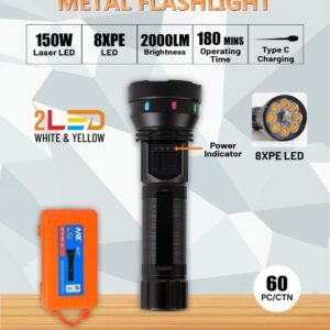 Dual Light Technology 🌓: Features White & Yellow 2LED options to suit different visibility needs. Advanced LED System ⚙️: Equipped with a high-efficiency 150W Laser LED and an 8XPE LED configuration for versatile beam patterns. Long-Lasting Performance ⏳: